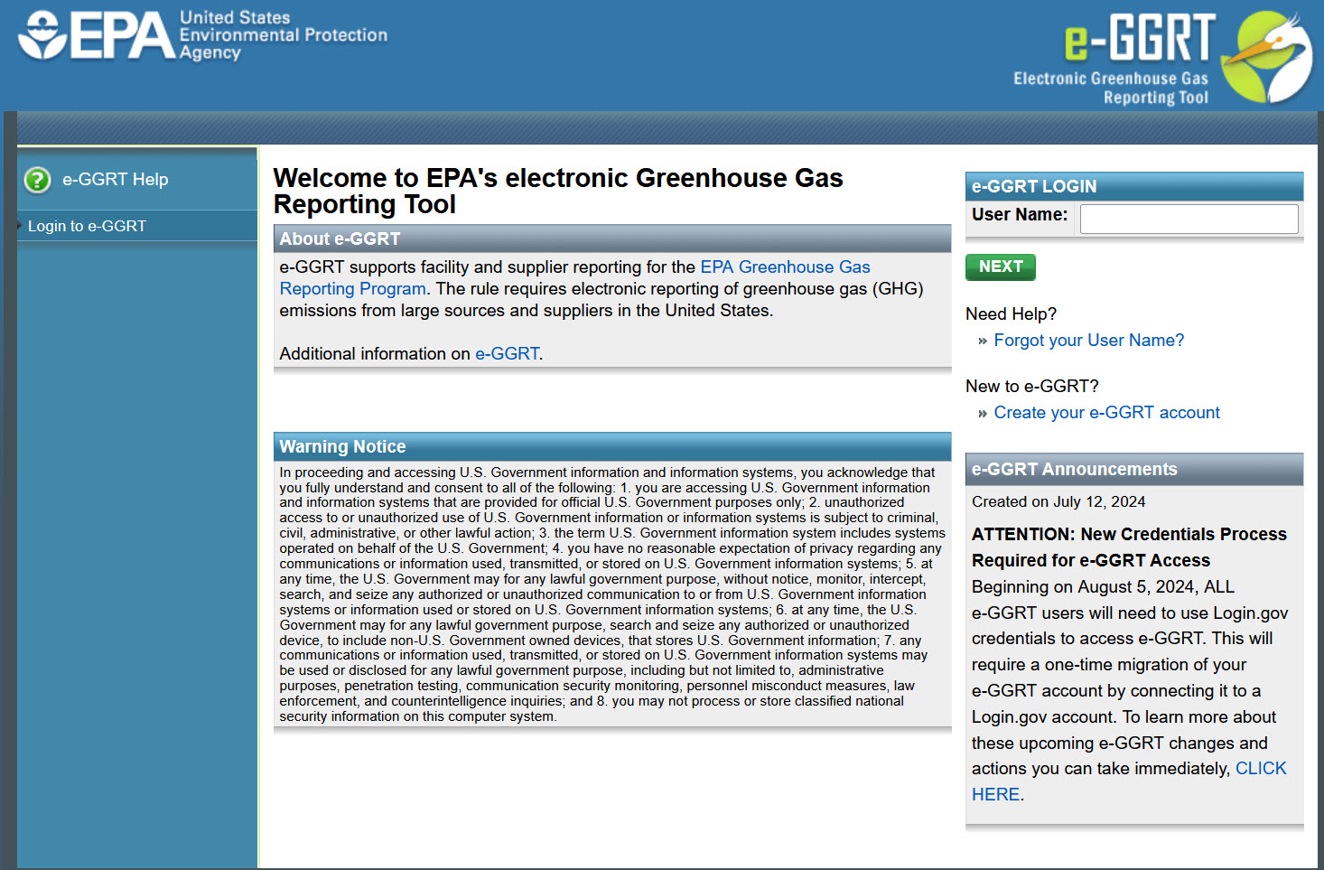 EPA's electronic Greenhouse Gas Reporting Tool Login page
